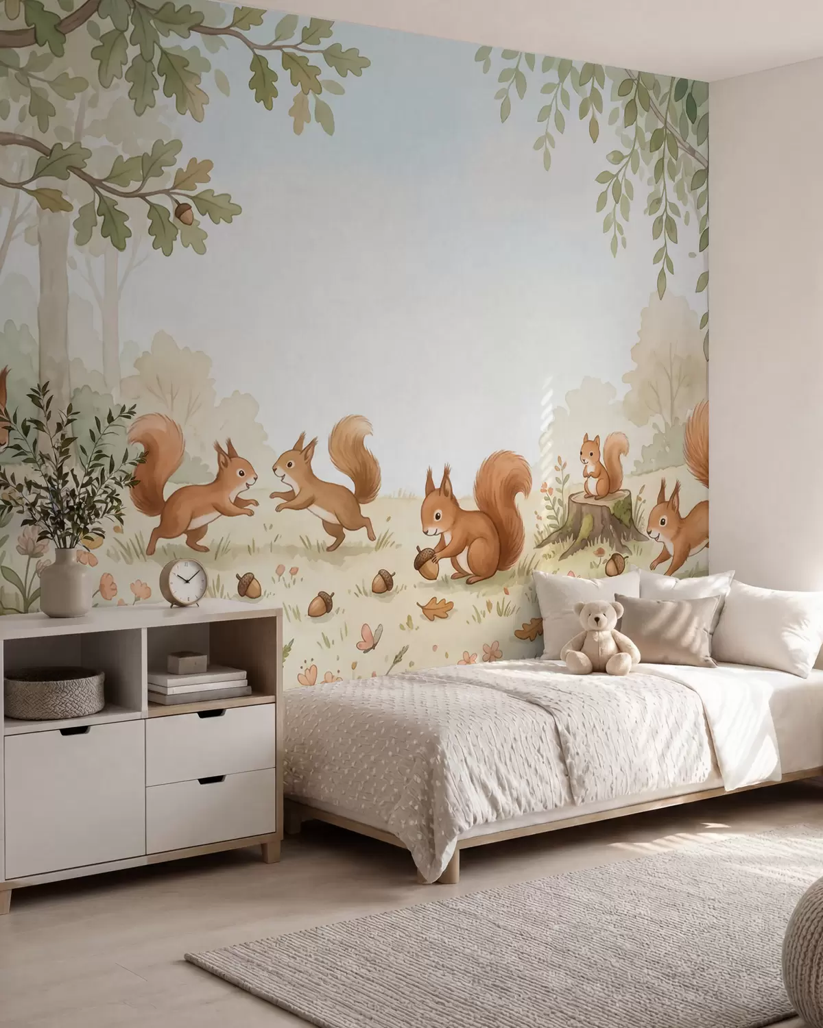 Fototapetai Rudens miškas su pūkuotomis raudonomis voverėmis, gilėmis ir trapiais laukiniais žiedais, nutapytas akvarelės stiliumi w10102
