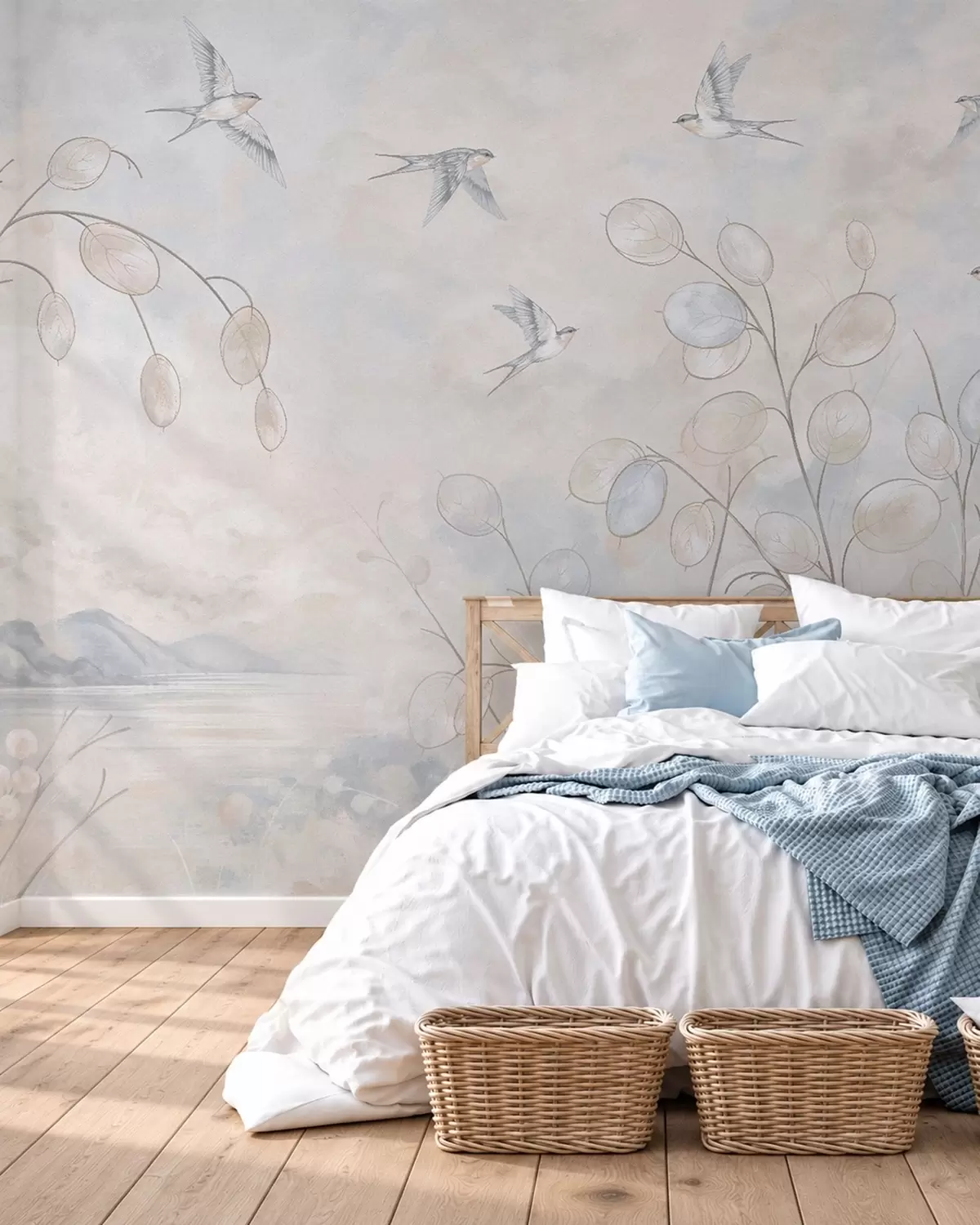 Fototapetai Kregždės tarp trapusių augalų, ežero ir kalnų fone w05892