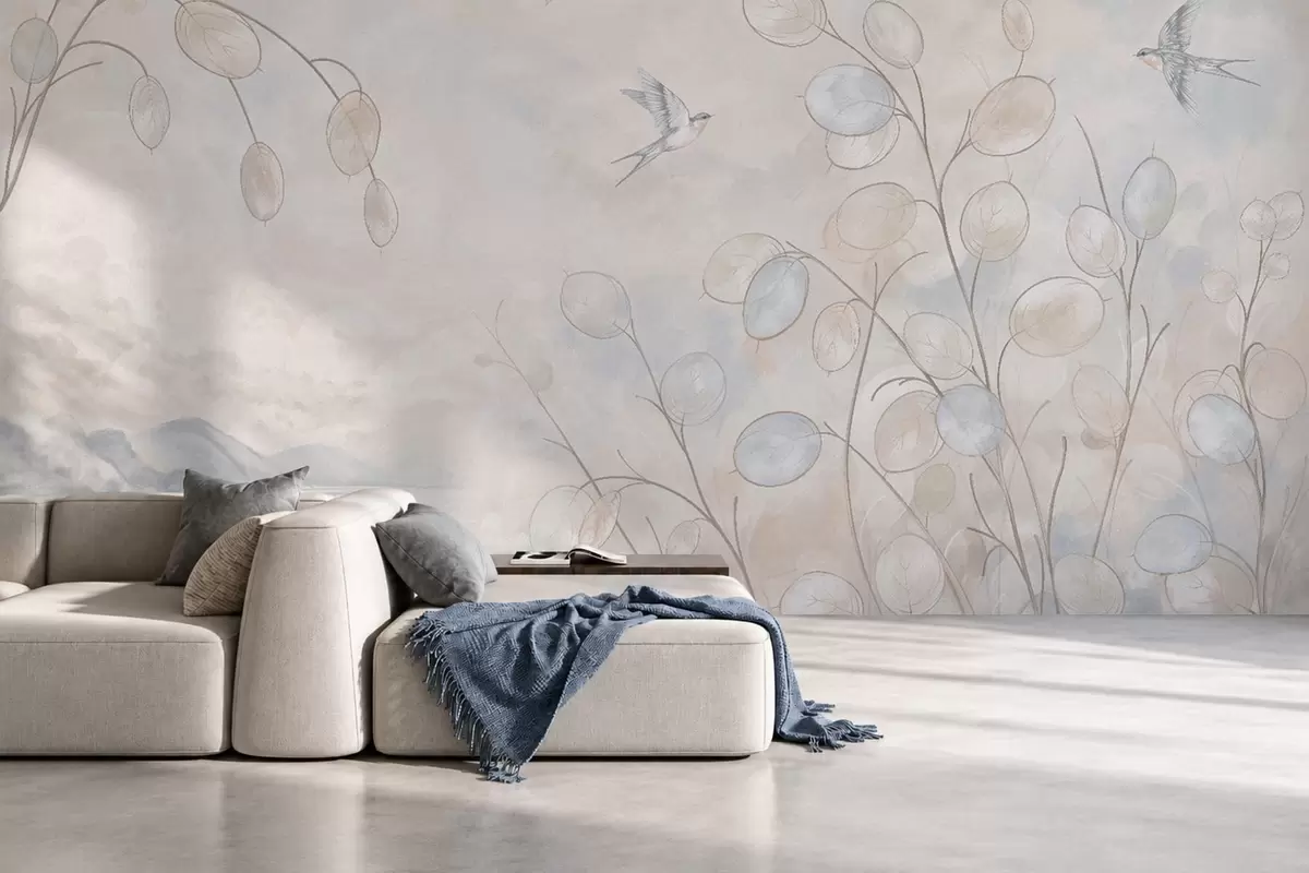 Fototapetai Kregždės tarp trapusių augalų, ežero ir kalnų fone w05892