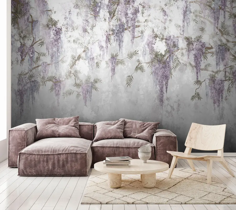 Fototapetai Kabančios madingos grunge šakos su violetinėmis gėlėmis u73816