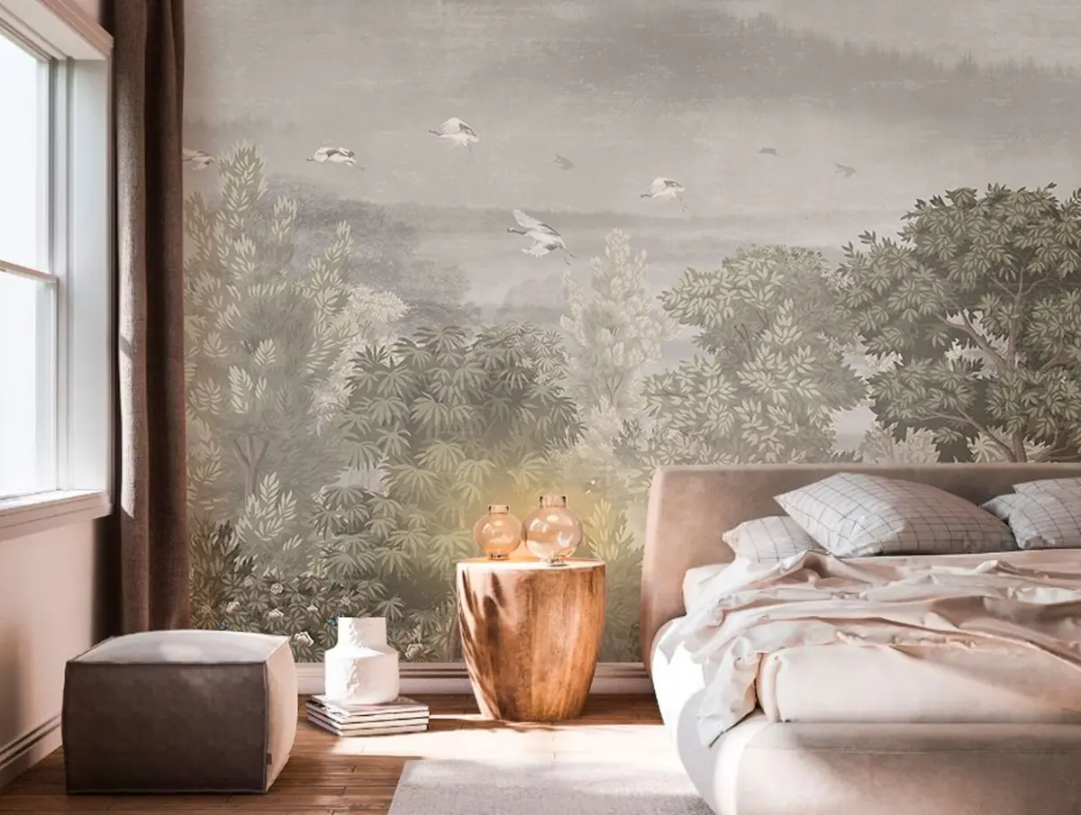 Fototapetai Gervės skrenda virš miško u73553