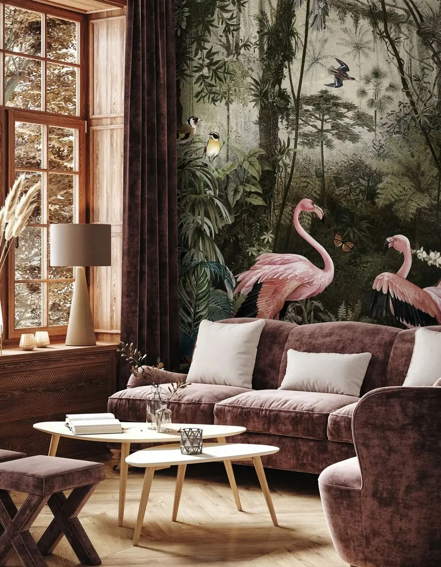 Fototapetai Atogrąžų paukščiai ir flamingai džiunglėse u73568