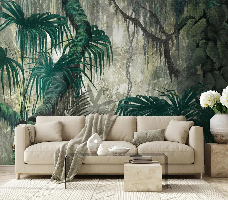 Fototapetai Atogrąžų augalai ir medžiai tekstūruotame fone u78695