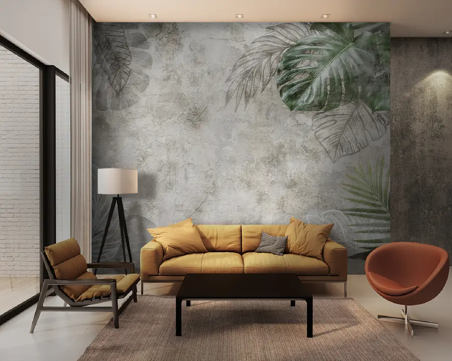 Fototapetai Atogrąžų lapai ant senos sienos u93964