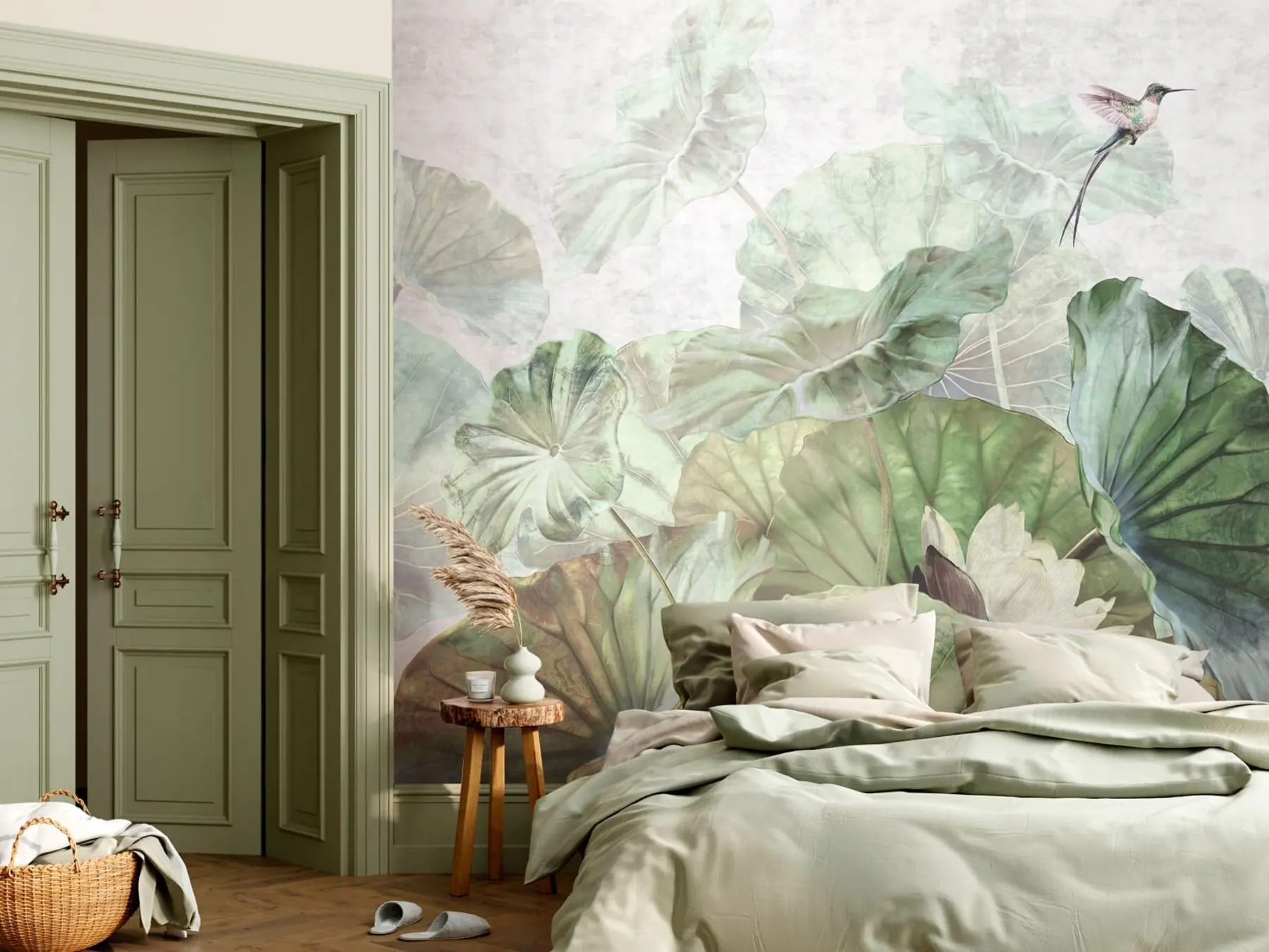 Fototapetai Didelės vandens lelijos Vandens lelijos ir rožinis flamingas u94273