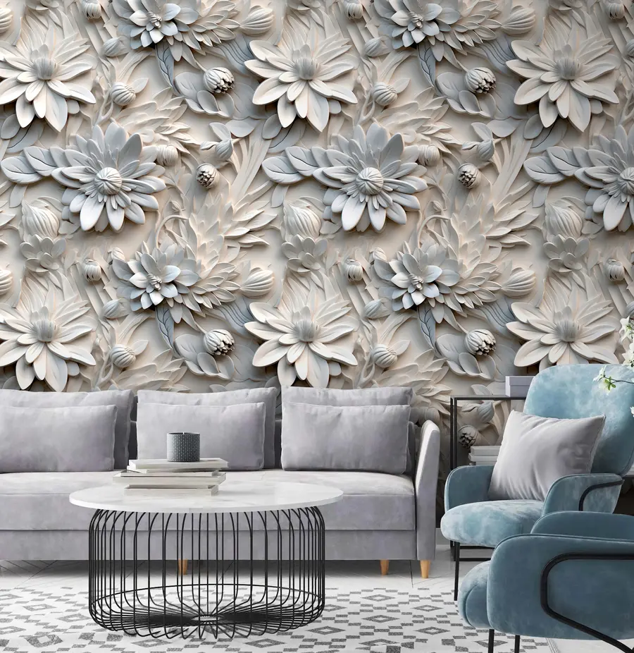 Fototapetai Šviesių spalvų tūrinės 3D gėlės u95589