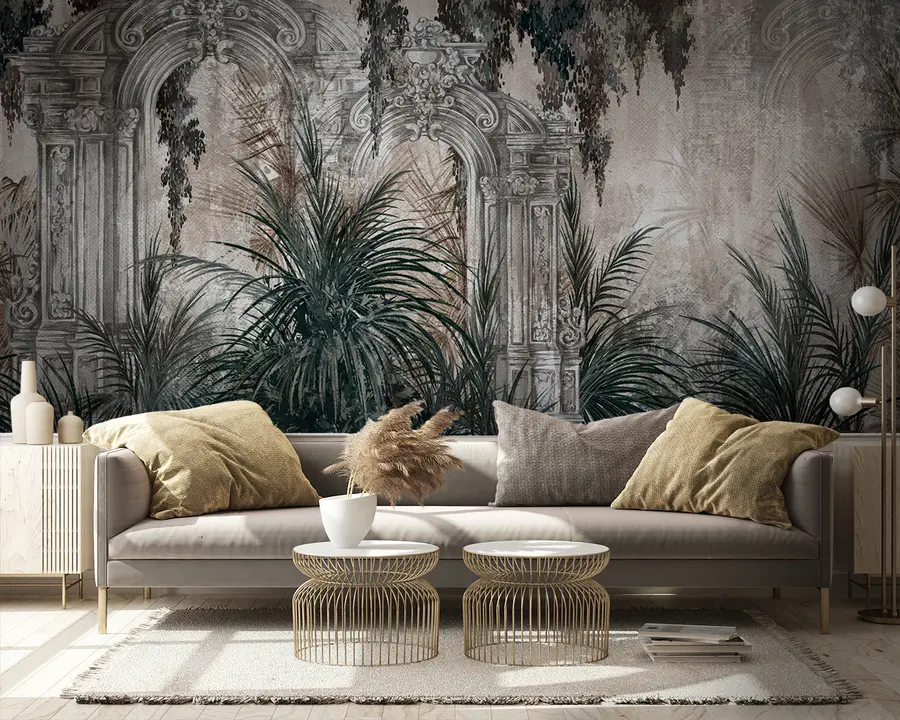 Fototapetai Senovinė architektūra su atogrąžų lapais u95500