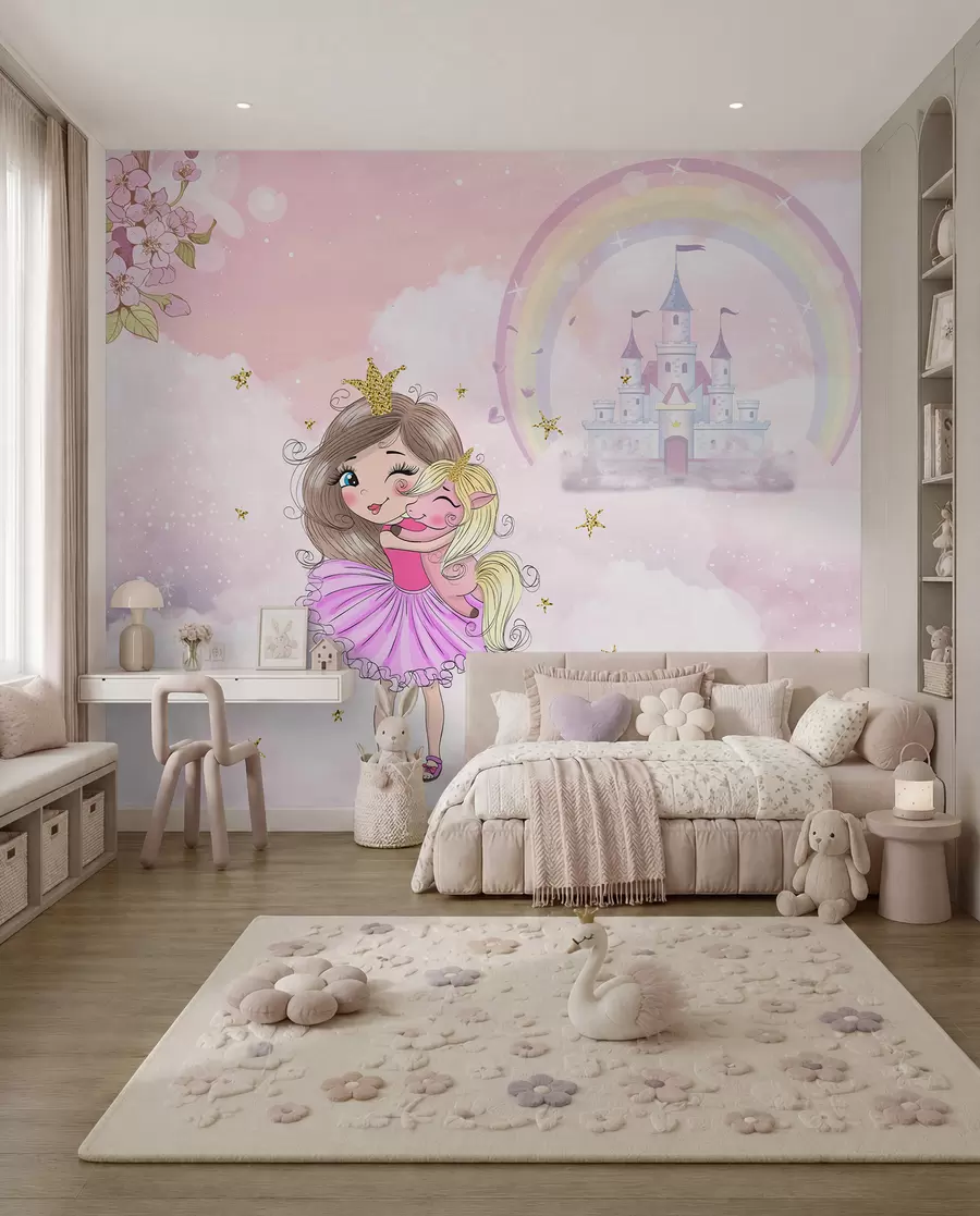 Fototapetai Princesė ir vienaragis pilies fone su vaivorykšte u95401