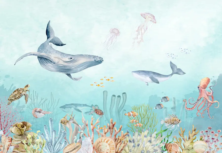 Fototapetai Jūrų visata, dideli banginiai, žuvys ir vėžliai u95446