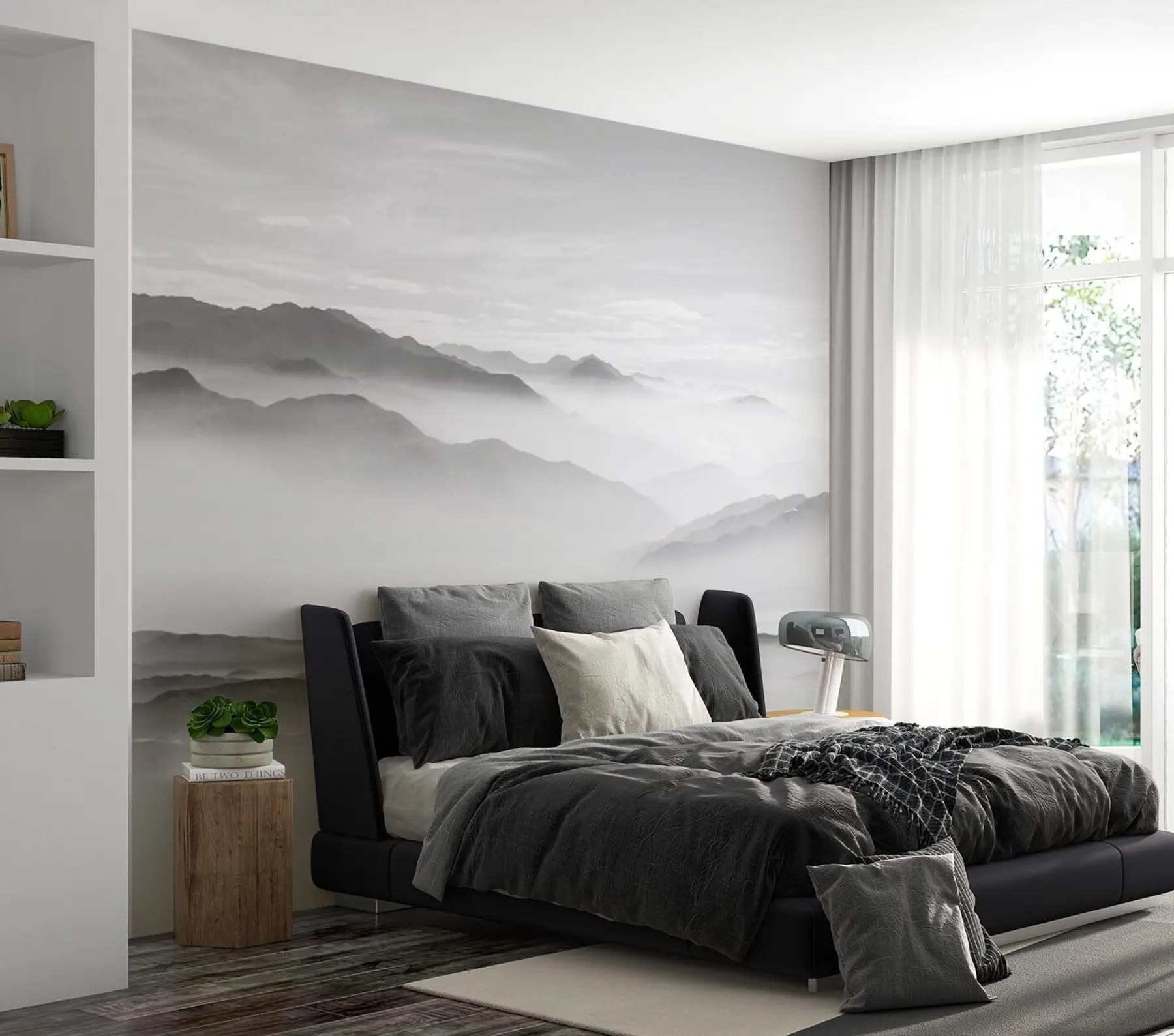Fototapetai Vaizdas į pilkus kalnus rūke minimalizmas nespalvotas u96922