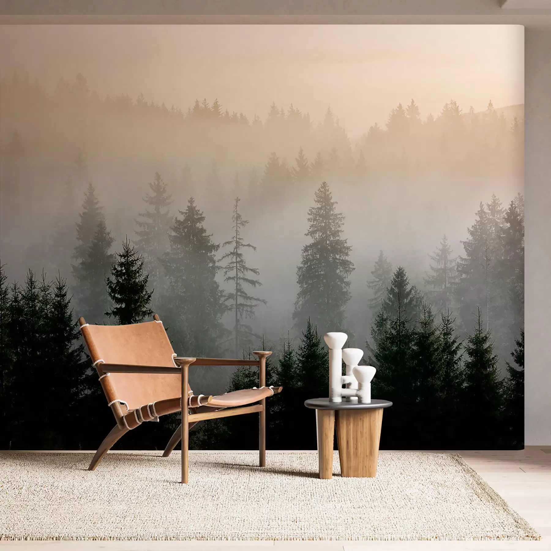 Fototapetai Tamsus eglės siluetas rūko apsuptyje u96999