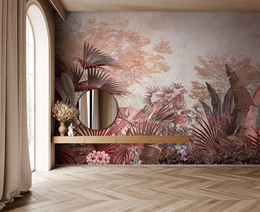 Fototapetai Iliustracija iš senovinių atogrąžų tapetų su egzotiškais palmių lapais u97104