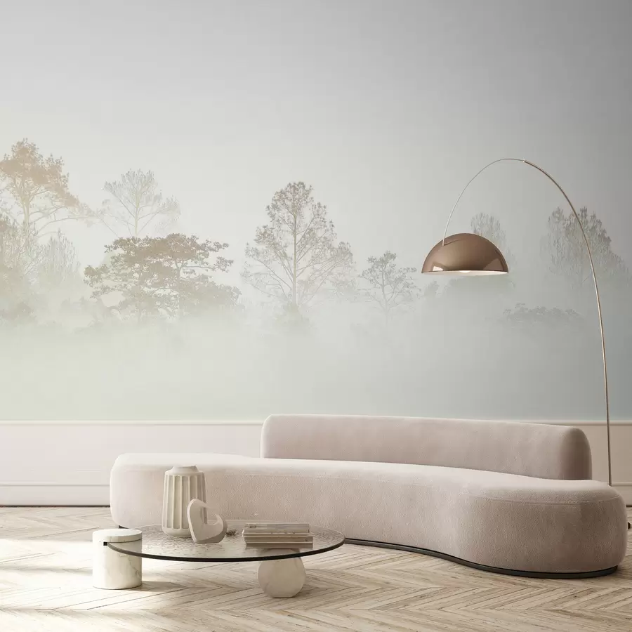 Fototapetai Medžių giraitės siluetas tirštame baltame ryto rūke u97405