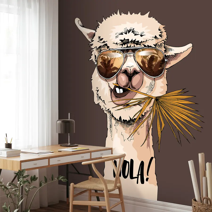 Fototapetai Lamos su akiniais nuo saulės ir palmės lapu su vėduokle portretas u98177