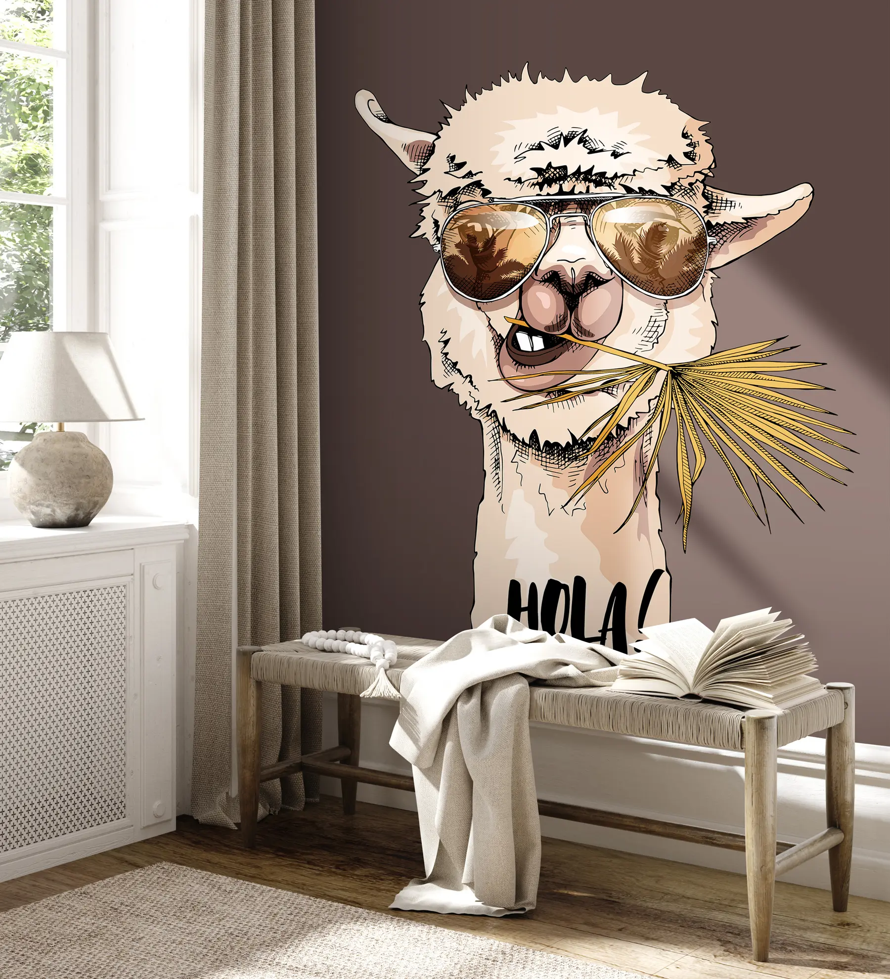 Fototapetai Lamos su akiniais nuo saulės ir palmės lapu su vėduokle portretas u98177