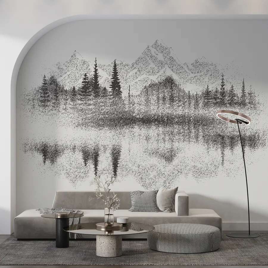 Fototapetai Ežere atsispindi miškas ir kalnai u98808