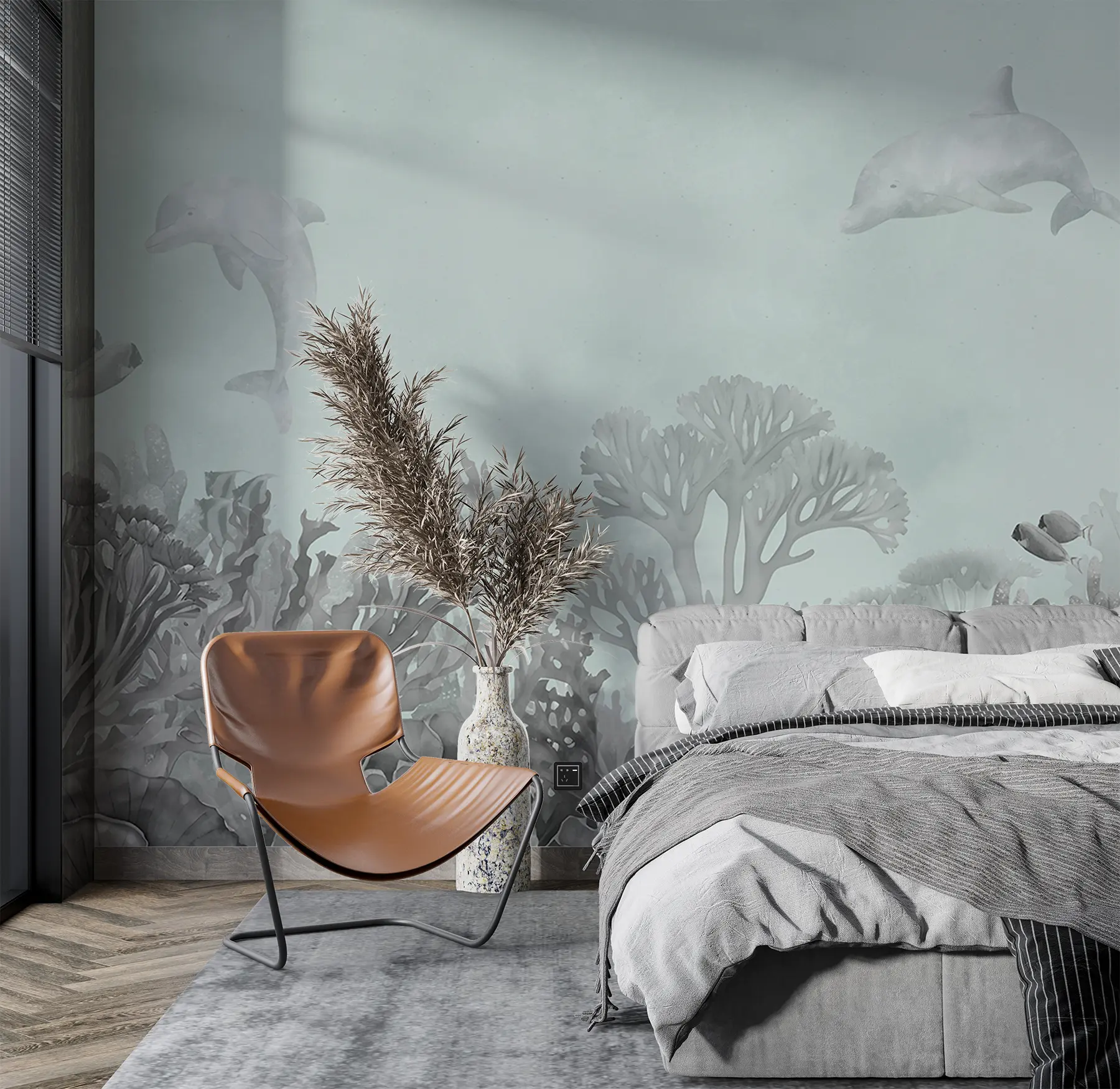 Fototapetai Povandeninis jūros gyvenimas, koralų rifas, akvarelė Pilka ir mėlyna spalva, delfinai u98900