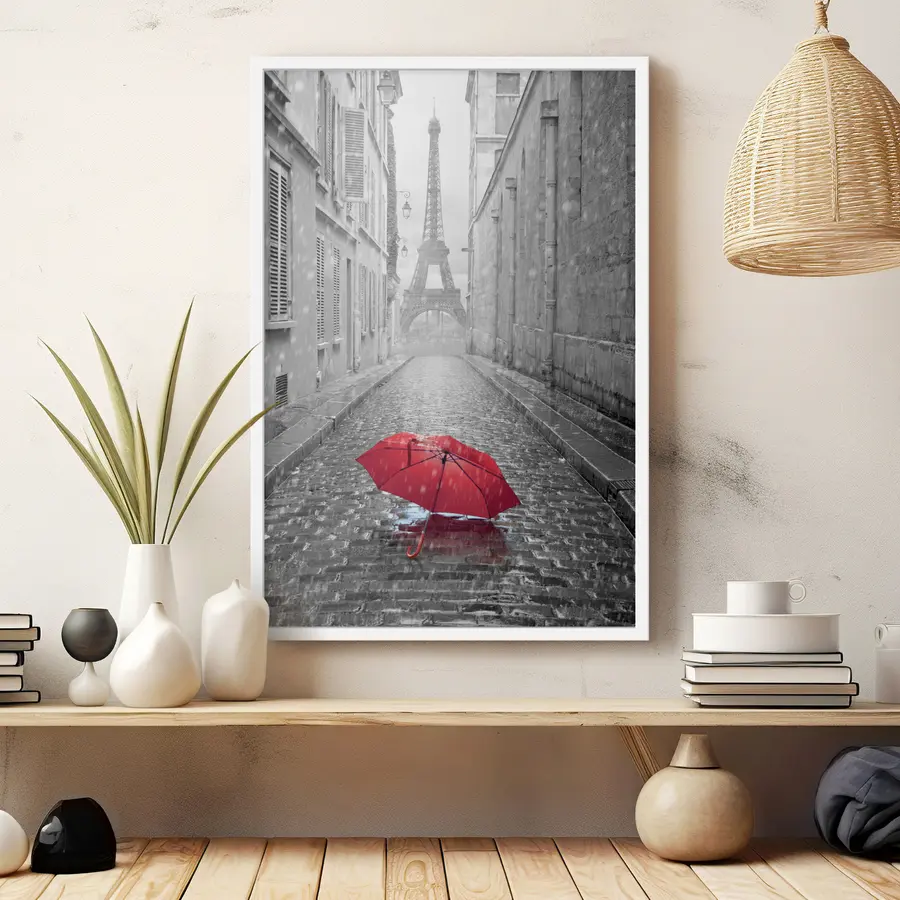 Fototapetai Raudonas skėtis ant šlapio grindinio gatvėje f33713