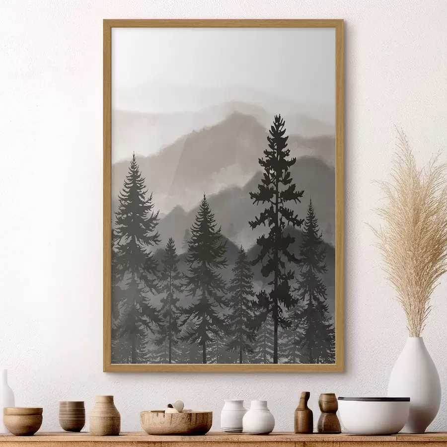 Fototapetai Rūko apgaubti kalnai su aukštais medžiais f37017v1