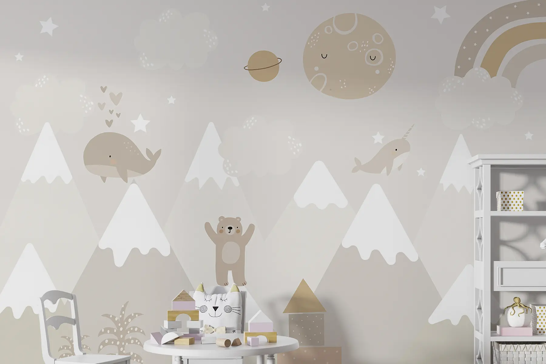 Fototapetai Kalnai su mielais gyvūnais, debesimis ir planetomis, smėlio spalvos u99206