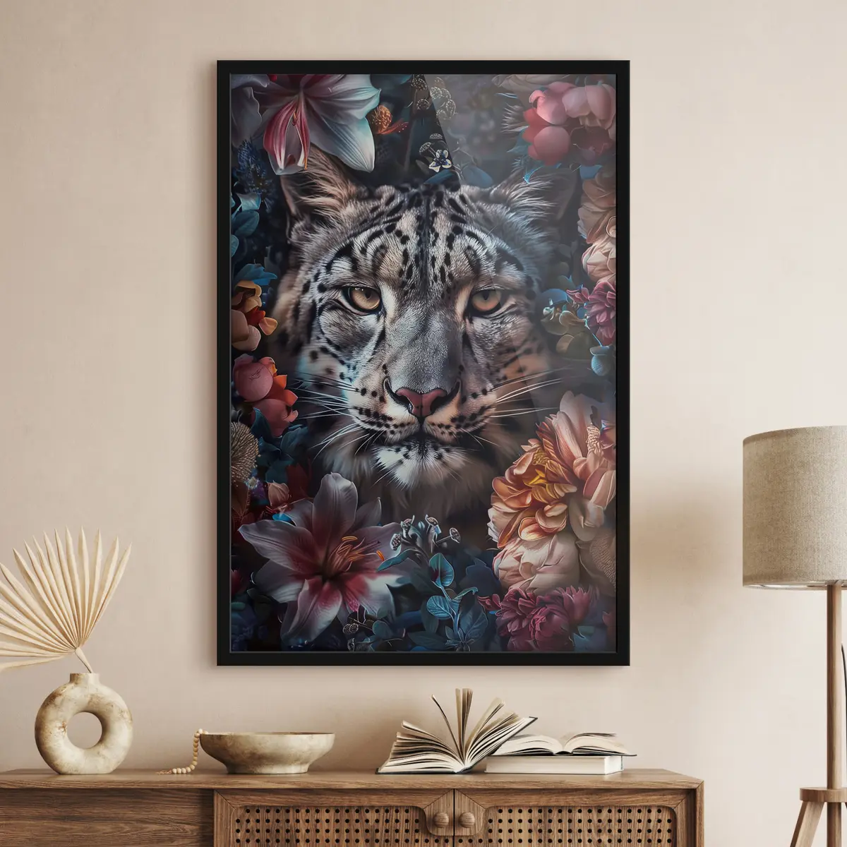 Plakatas Didingas sniego leopardas tarp žiedų f37463