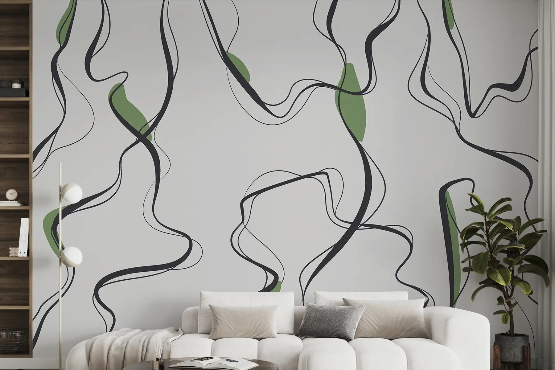 Fototapetai Piešimo tušu menas, abstraktus raštas, geometrinės linijos, pilka ir žalia u99659v2